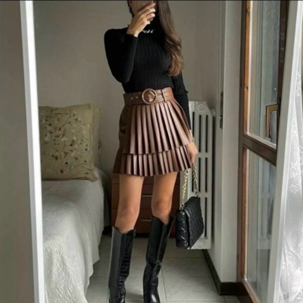 NWT ZARA Vegan Leather Cognac Pleated Skirt with Belt